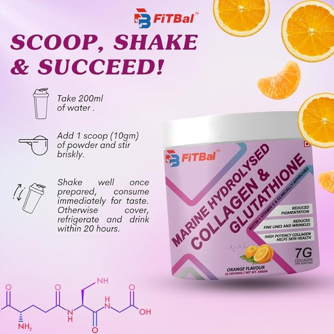 Marine Hydrolysed Collagen & Glutathione Powder – 7g Collagen per Serving with Biotin, Vitamin C & E for Improve Skin Health