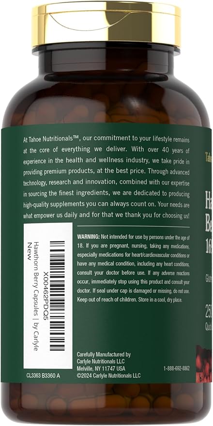 Tahoe Nutritionals Hawthorn Berry Capsules | 1695mg | 250 Capsules | Non-GMO, Gluten Free Extract