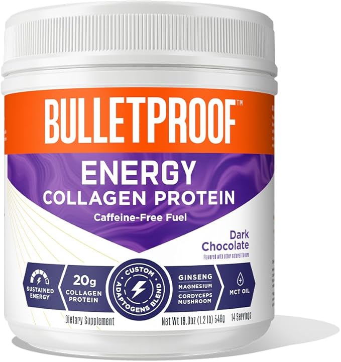 Bulletproof Dark Chocolate Energy Collagen Protein, 19.3 Ounces, Caffeine-Free Fuel with Vitamins and Antioxidants, Blend with Ginseng, Magnesium, Cordyceps Mushroom