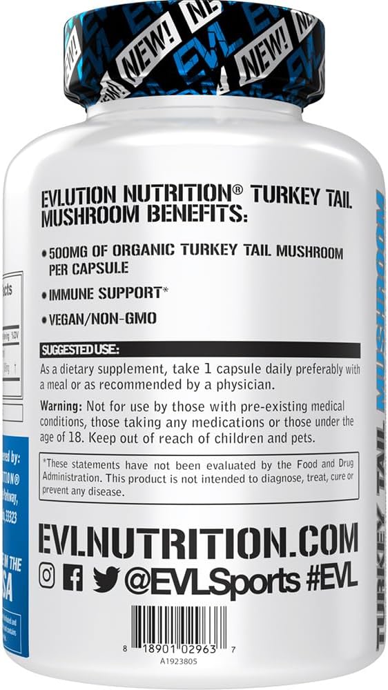 Evlution Nutrition Turkey Tail Mushroom - 500mg Organic Turkey Tail Mushroom per Capsule - Immune Support - Dietary Supplement - Vegan & Non-GMO - 60 Servings - 60 Capsules