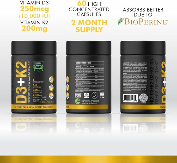 Vitamin D3 10000 IU + K2 200mcg Soft-Gels | 2-in-1 D3+K2| Infused with Virgin Coconut Oil, Supplement for Immune, Heart, Joint, Teeth & Bone Health - 60 Easy-to-Swallow Capsules