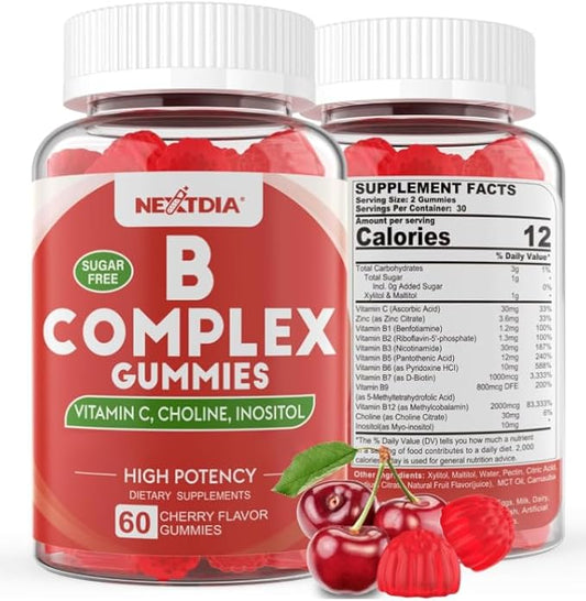 Vitamin B Complex Gummies, Vegan Vitamin B Gummies with 2000 mcg Methyl B12, Methyl Folate | Plus Choline + Inositol, Vitamin C + Zinc for Supports Energy, Mood, Immune, Healthy Hair, Skin - 60 Cts