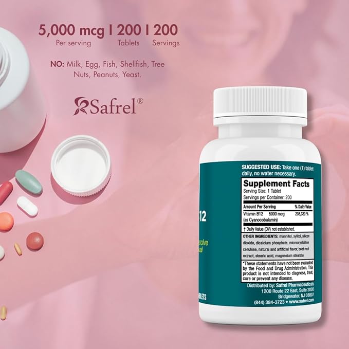 Safrel Vitamin B12 Sublingual Tablets, 5000 MCG, Red Cherry Flavor, Energy Support, 200 Count