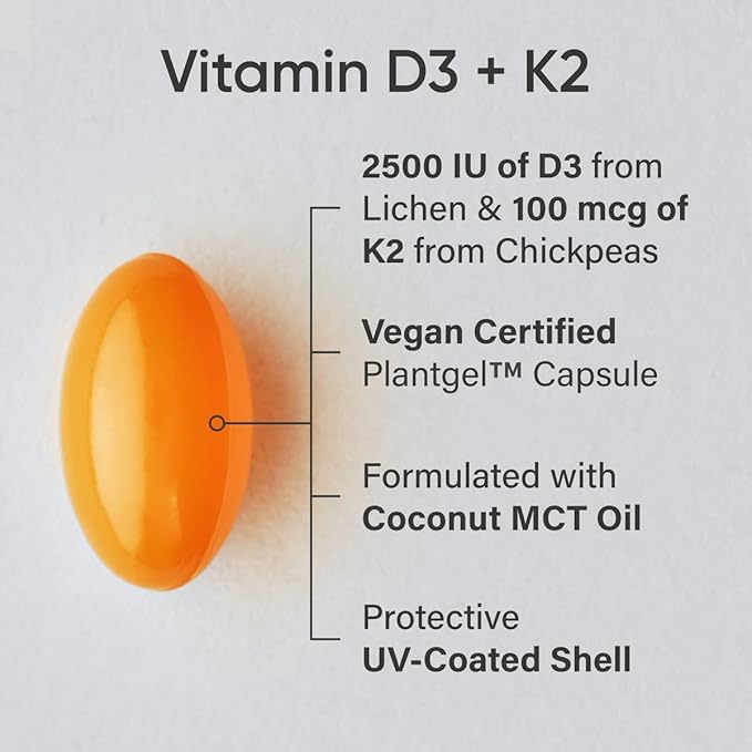 Sports Research® Vitamin D3 + K2 with Coconut MCT Oil | Vegan D3 2500iu (62.5mcg) & Plant Based Vitamin K2 100mcg | Vegan Certified, Soy & Gluten Free - 60 Softgels