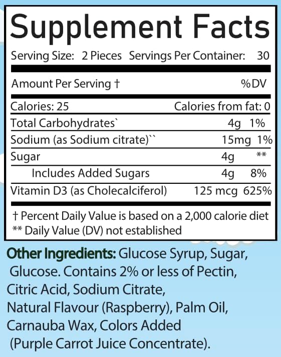Vitamin D3 Pectin Gummies: Sunshine in Every Bite with 125mcg of Vitamin D3, 625% of Daily Intake (60 Count)