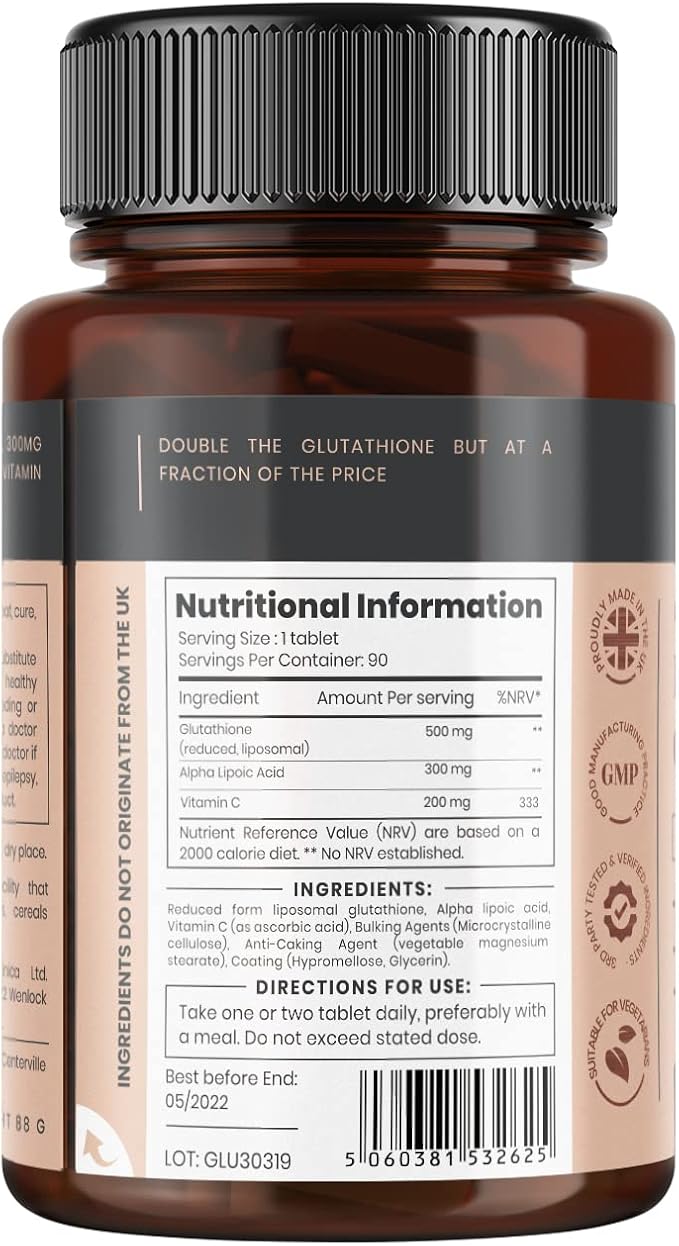 pureclinica Double Strength Glutathione 500mg x 60 Tablets - 2 Bottles (120 Tablets). 500mg Reduced Glutathione, 300mg Vitamin C, 200mg Alpha Lipoic Acid. 200% Stronger Than Regular Glutathione.