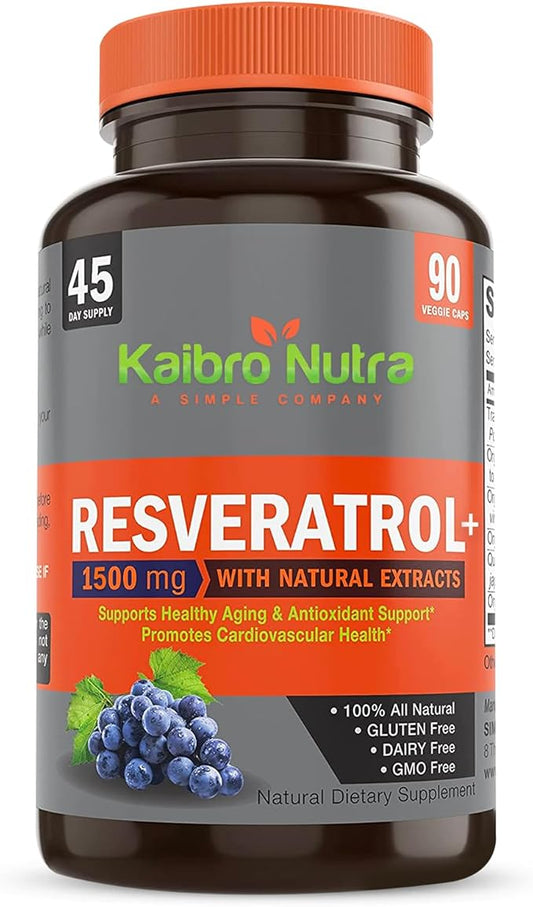 Kaibro Nutra Resveratrol 1500mg per Serving of Organic Trans-Resveratrol & Potent Antioxidants, Pure Extra Strength Complex, Anti-Aging, Radiant Skin and Immunity Support- 45 Day Supply