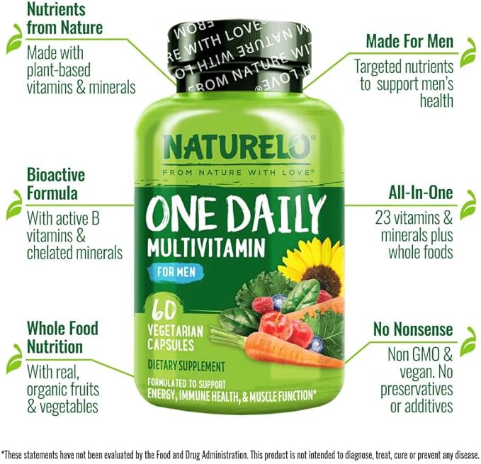 NATURELO Mens Multivitamins - One Daily Multivitamin for Men with Vitamins, Minerals & Organic Whole Foods, Boost Energy & Health, Non-GMO, 60 Vegetarian Capsules