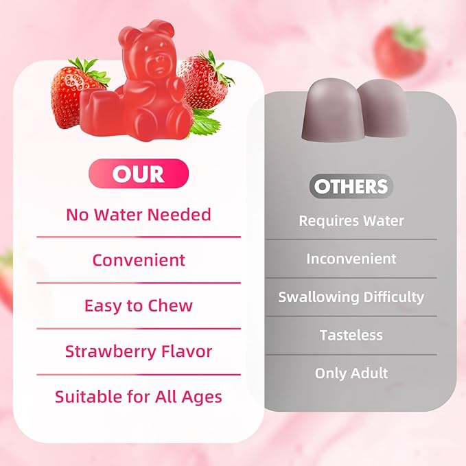 L-Lysine 1000mg Gummies, Chewable Lysine Supplement for Adults & Kids Immune Support, Essential Amino Acid, Vegetarian, Non-GMO, Sugar-Free, Gluten Free, Strawberry Flavor, 60 Counts
