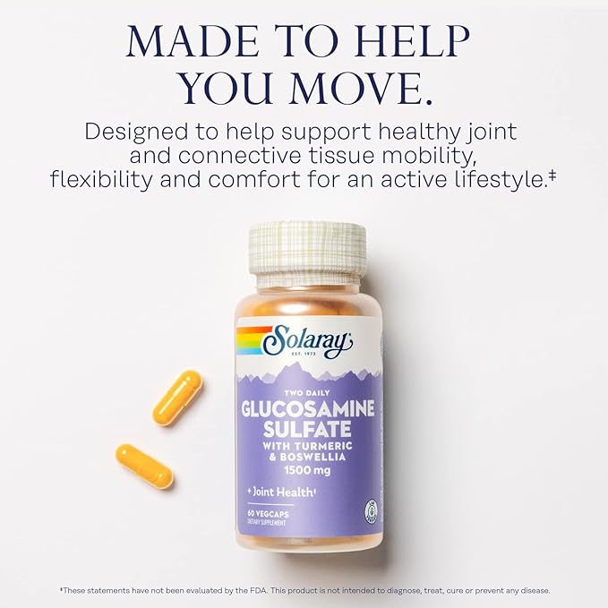 SOLARAY Glucosamine Sulfate 1500mg, Healthy Joint Support Supplement, Powerful Connective Tissue and Joint Health Formula with Turmeric & Boswellia, 60-Day Money Back Guarantee, 30 Serv, 60 VegCaps