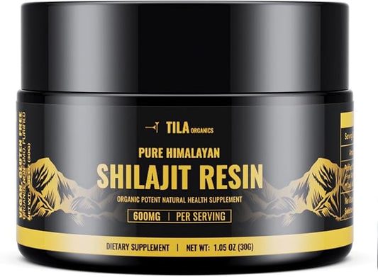 TILA Organic Pure Himalayan Shilajit Resin, Natural Supplement for Men & Women. Fulvic Acid and Humic Acid with Over 85 Trace Minerals. Vegan Gluten Free Non-GMO-600 mg-30g Jar