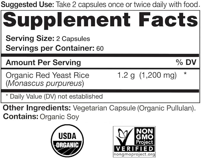 Certified Organic Red Yeast Rice Supplement - 120 Capsules, 2 Month Supply
