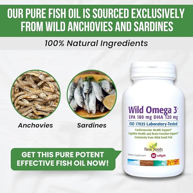 New Roots | Wild Omega 3 Supplement | Ultra Pure Fish Oil with Highest Concentration Vitamin E, 180 mg EPA and 120 mg DHA (60 Softgels)