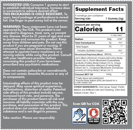Proprietary Nootropic Gummy 8000mg - Lion's Mane, Reishi, Chaga, and Cordycep Nootropic Tripee Mushroom Blend (10, Assorted)
