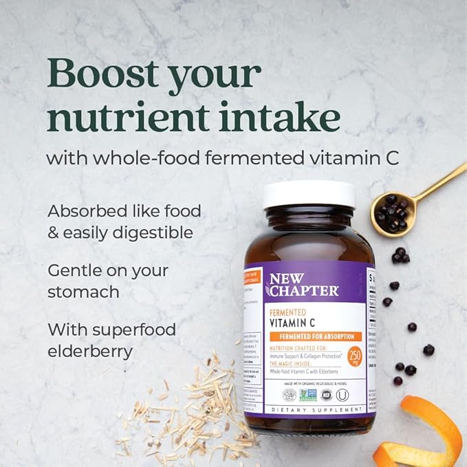 New Chapter Fermented Vitamin C + Elderberry, ONE Daily for Immune Support & Collagen Protection, Made with Organic Herbs, Certified Vegan, Gluten Free, 60 Count