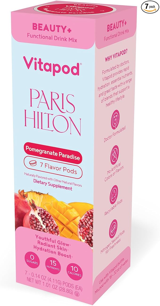 Vitapod Paris Hilton x Beauty+ Pomegranate Paradise Functional Drink Mix, 7 Pods, Sugar-Free, 10 Calories, Collagen, Biotin, Zinc, Vitamins for Youthful, Glowing Skin