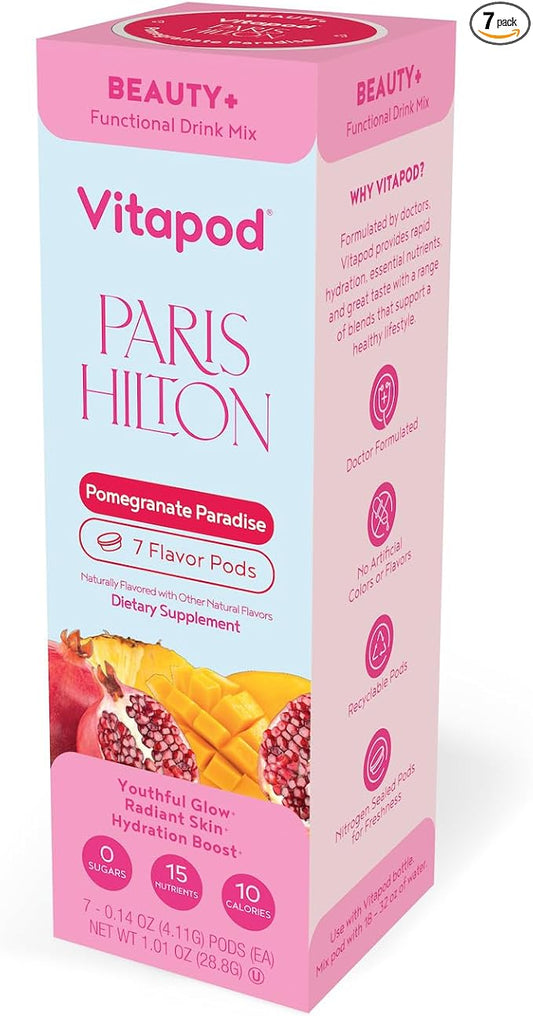 Vitapod Paris Hilton x Beauty+ Pomegranate Paradise Functional Drink Mix, 7 Pods, Sugar-Free, 10 Calories, Collagen, Biotin, Zinc, Vitamins for Youthful, Glowing Skin