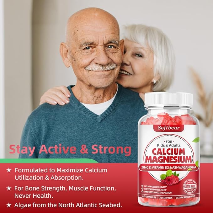 softbear Calcium Magnesium Zinc Gummies for Women, Calcium Magnesium Supplement High Absorption Calcium 600 mg with Vitamin D3 for Bone Strength Vegan Raspberry Flavor 60 Gummies
