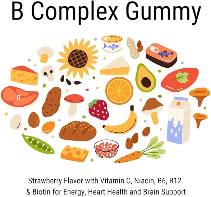 VitaGlobe B Complex Gummy - Strawberry Flavor with Vitamin C, Niacin, B6, B12 & Biotin for Energy, Heart Health and Brain Support, 60 Count (Pack of 1)