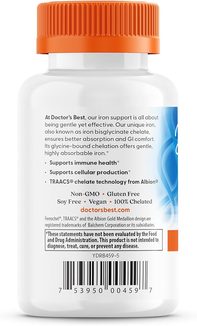 Doctor's Best High Absorption Iron Tablet with Ferrochel, Gentle on The Stomach, Immune Health, Blood Health, 27 mg