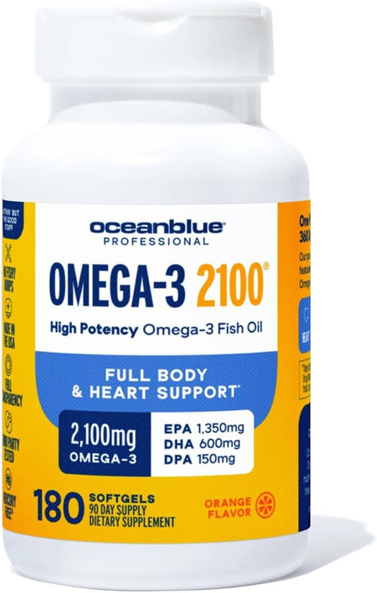 Oceanblue Professional Omega-3 2100 – 180 ct – Triple Strength Burpless Fish Oil Supplement with High-Potency EPA, DHA, DPA – Wild-Caught – Orange Flavor (90 Servings)
