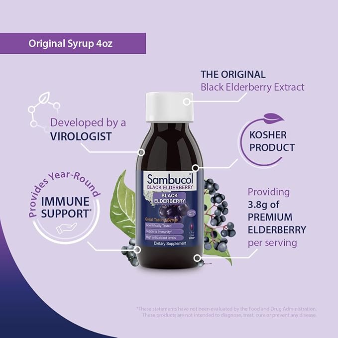 Sambucol Black Elderberry Syrup - Sambucus Elderberry Syrup, Black Elderberry Liquid, Immune Support, Elderberry Syrup for Kids and Adults, High Antioxidants, Gluten Free - Original Formula, 4 Fl Oz