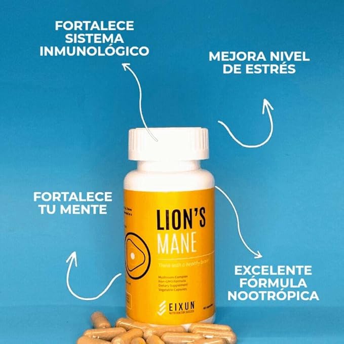 Lion's Mane, Nootropic, Supplement for Brain, Mushroom Complex, Maitake, Shitake, Focus, Natural Energy, Immune System, Concentration, Cardiovascular Health, Reduces Stress, 60 Capsules.