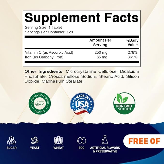 Vitamatic Carbonyl Iron 65 mg with Vitamin C – Gentle Iron Supplement for Energy & Immune Support – High Absorption – 120 Tablets