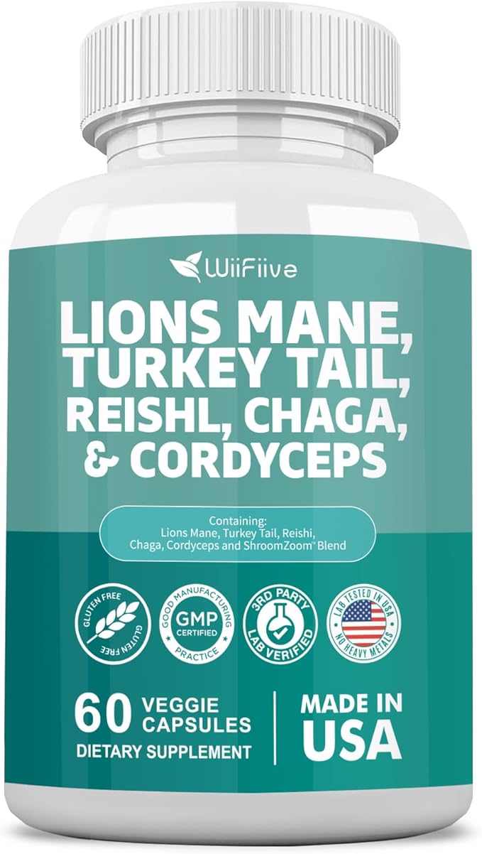 Lions Mane 3000mg Turkey Tail 3000mg Reishl 1000mg Chaga 1000mg Cordyceps Powder Extract Containing Maitaake Shiitake Black Fungus,Brain Supplement, Mineral Supplements, 60 Capsules