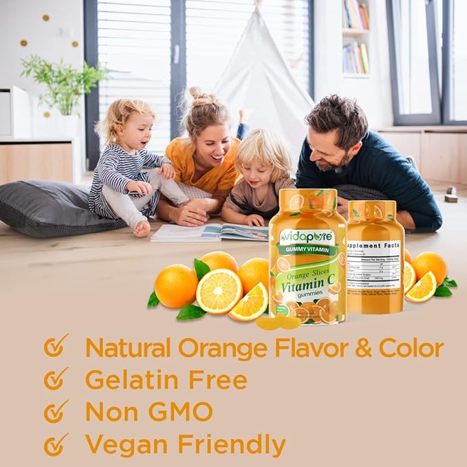 MYVIDAPURE Vitamin C Gummy Slices Natural Orange Flavor Non-GMO Vegan Friendly Gluten Free Gelatin Free (60 Gummies)
