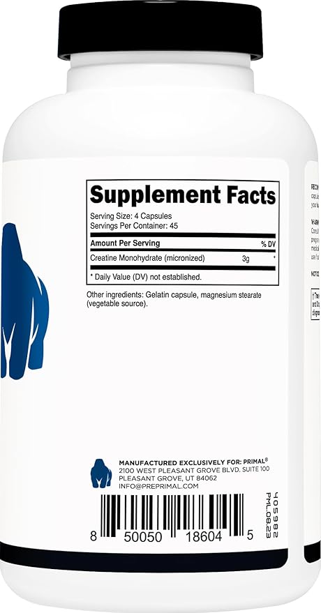 Primal Creatine Monohydrate (3,000 Mg, 180 Caps) - Micronized Creatine Supplement, 750mg Per Capsule, Great for Preworkout and Recovery - Gluten-Free, Non-GMO