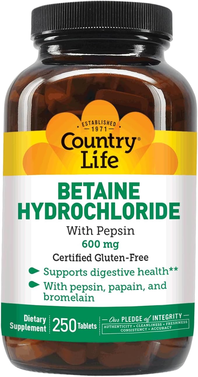 Country Life Betaine Hydrochloride with pepsin 600 mg - 250 Tablets