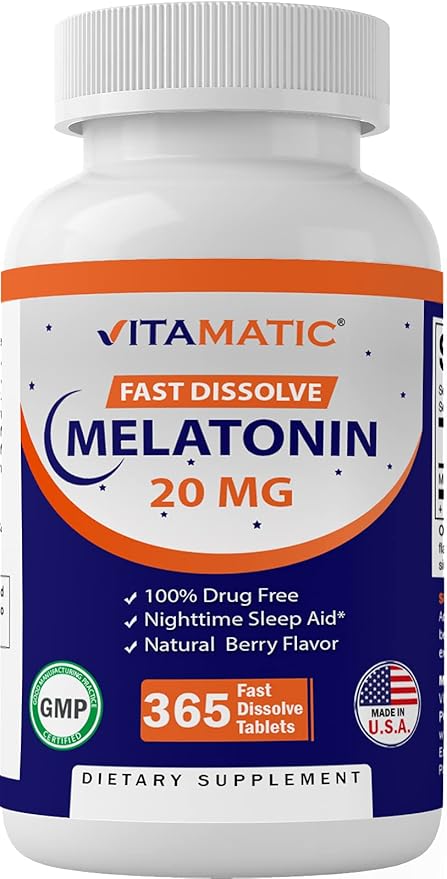 Vitamatic Melatonin 20 mg Tablets | Vegetarian, Non-GMO, Gluten Free | 1 Year Supply | Natural Berry Flavor - 365 Tablets