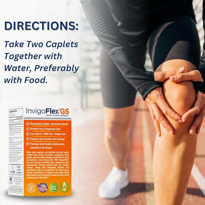 INVIGOFLEX® GS - Glucosamine Sulfate (Shellfish Free, Sodium Free & Vegetarian Safe) Non GMO, Gluten Free - with Boswellia Serrata - Knees, Hands, Back, and Hip Premium Joint Supplement