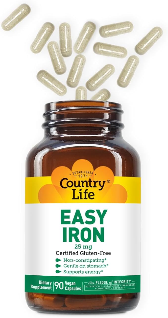 Country Life Easy Iron 25mg Capsules - Gentle Non-Constipating Ferrochel - Vegan Vitamin Supplement for Women & Men - Supports Body Energy - Multivitamin with Iron