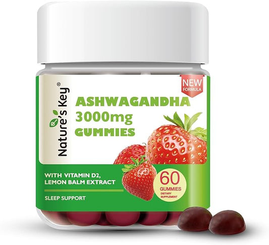 Nature's Key Upgraded 2.0 Ashwagandha Gummies, 3000mg Extra Potency Ashwagandha Supplement | with Vitamin D2, Lemon Balm, & Black Pepper ,for Stress Relief and Good Sleep (60 Count, Pack of 1)