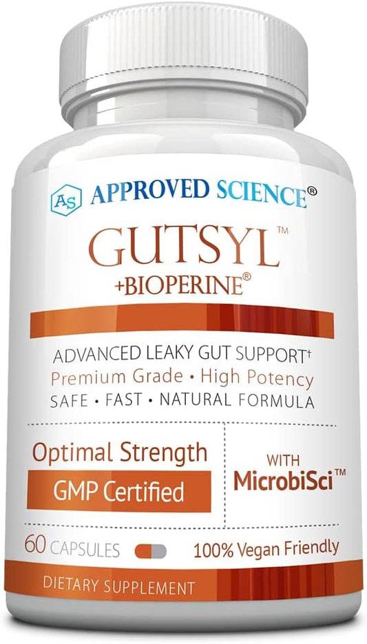 Approved Science® Gutsyl - Leaky Gut Supplement - Protect GI Tract with Aloe Vera, Marshmallow Root, Licorice, and Slippery Elm - Contains Prebiotic and BioPerine - 60 Capsules - 100% Vegan