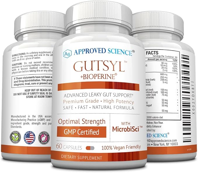 Approved Science® Gutsyl - Leaky Gut Supplement - Protect GI Tract with Aloe Vera, Marshmallow Root, Licorice, and Slippery Elm - Contains Prebiotic and BioPerine - 60 Capsules - 100% Vegan