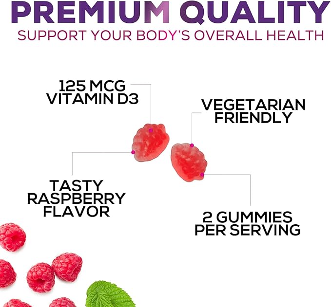 Vitamin D3 Gummies Extra Strength 5000 IU (125 mcg) - Immune Support, Bone, Teeth and Muscle Vitamin D Gummy Dietary Supplement, Nature's Berry Vitamin D Supplement, Raspberry, Non-GMO - 60 Gummies