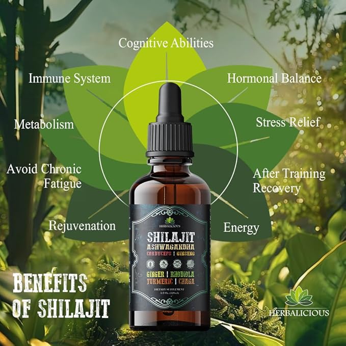 Shilajit Liquid Supplement with Ashwagandha, Cordyceps, Ginseng, Rhodiola, Turmeric, Chaga & Ginger – 8-in-1 Adaptogenic Herbal Drops for Energy, Stress Relief, Focus & Immune Support 4 fl oz