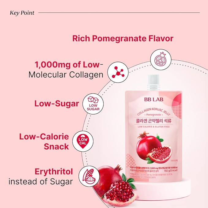 BB LAB Collagen Konjac Jelly, Pomegranate, (10 Packs/52.9 oz) - 5 Calories, Sugar-Free, Fish Collagen Peptide 1,000 mg, Low carb/Drinkable Zero Sugar Jelly Dessert, Dietary Fiber, Gluten-Free