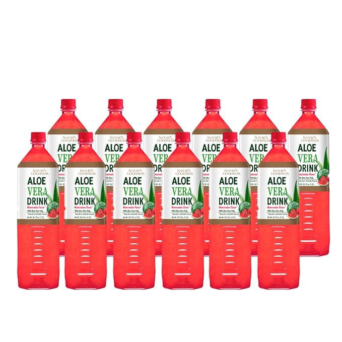 Nature's Goodness Aloe Vera Drink with Pulp Watermelon Flavor -12 Pack Case - 50.7 Fl Oz (1.5 L) Each - Total 18 Liters - Refreshing Beverage with Real Aloe Vera Juice