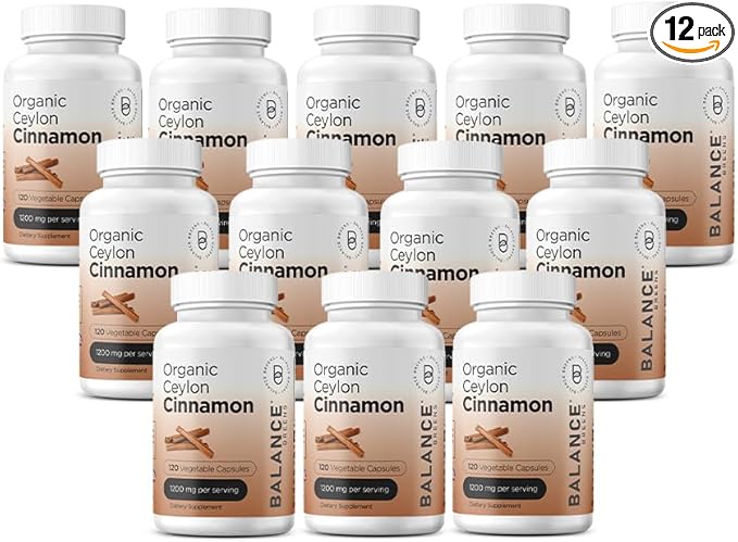 Balancebreens Certified Organic Ceylon Cinnamon 1200mg Supplement - 120 Veg Capsules - Heart, Brain and Joint Function Support - No Filler Pills (Pack of 12)