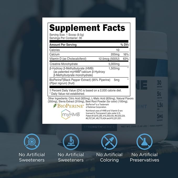 Transparent Labs Creatine HMB - Creatine Monohydrate Powder with HMB for Muscle Growth, Increased Strength, Enhanced Energy Output, and Improved Athletic Performance - 30 Servings, Hawaiian Splash