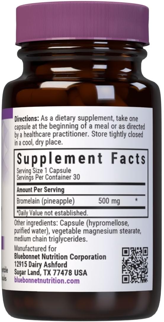 BlueBonnet Super Bromelain Vegetarian Capsules, Pineapple, 500 mg, 30 Count