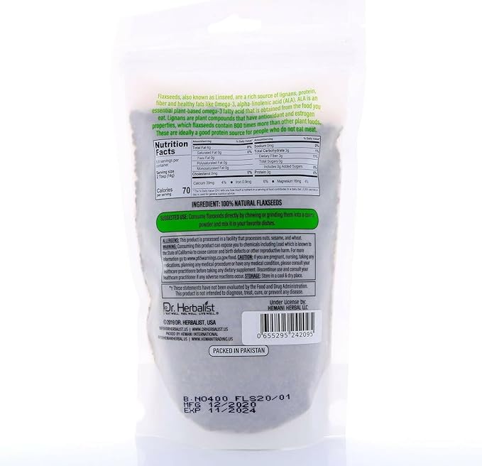 Dr. HERBALIST Flax Seeds 400g,Linum Usitatissimum,Alsi Seeds,Super Food, Essential Omega Fatty Acids, High in Plant-Based Protein, and Fiber, for Smoothies, Baking, for Easy Digestion and Absorption