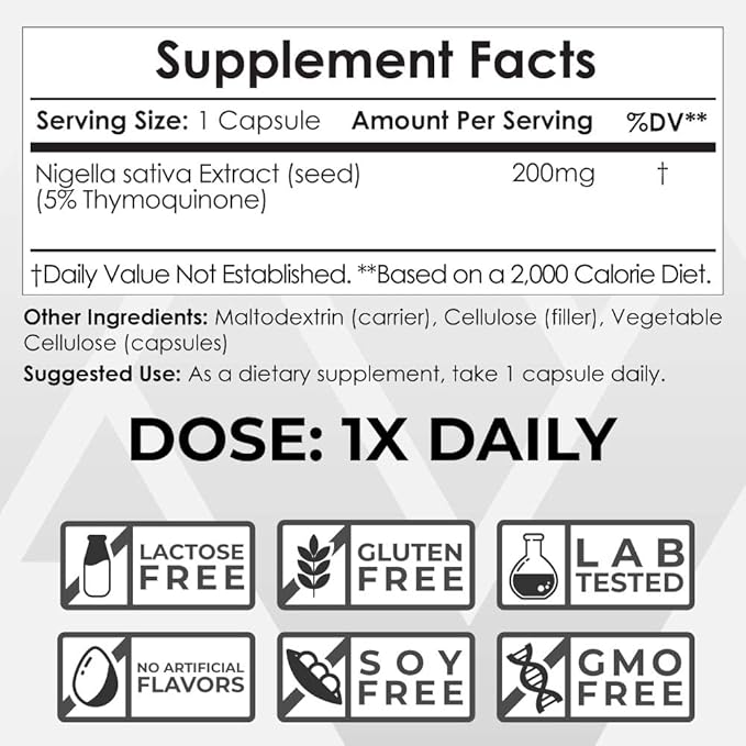 Nootropics Depot Nigella Sativa Extract Capsules | 200mg | 60 Count | Minimum 5% Thymoquinone Content | Black Seed Oil Extract | Supports Memory, Liver, Brain, and Immune Function