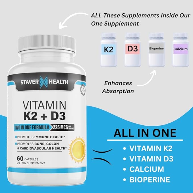 Vitamin K2 D3 w/Calcium and Bioperine, Vitamin K2 (MK7) with D3 Supplement Non-GMO, Vitamin D3, Vitamin K2 MK-7 Easy to Swallow Vitamin D & K Complex, 60 Capsules