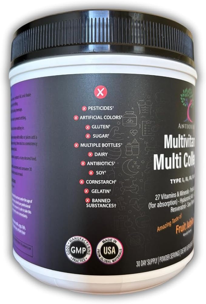Multi Collagen Multivitamin for Women+Men, Keto, Skin, Joint, Cognitive, Heart, Sensual, & Immune Health, Hydrolyzed Peptides, Antioxidants, Probiotics, No Sugar, 30 Fruit Powder Servings