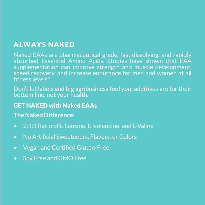 NAKED EAAs Amino Acids Powder - 50 Servings - Vegan Unflavored Essential Amino Acids 500 Grams - Instantized All Natural EAAs Powder Supplement